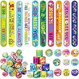 Frienda 60 Pieces Religious Slap Bracelets with Button Pins Jesus Love You Wristbands Jesus Snap Bracelets Christian Badges for Sunday School Supplies Kids Gifts Birthday Party Favors(God)