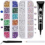 BELLEBOOST Nail Art Rhinestone Kit, 15ml Rhinestone Gel Glue+Colorful Gems+Flatback Glass Crystal AB&Clear Gemstones with Pickup Tools for Bedazzling Nail and Face Makeup