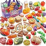 Laugigle Pretend Play Food for Kids Kitchen - 78Pc Cutting Toy Food with Storage Bag, Food Toys with Veggies, Fruits, Fake Food with Pizza Toy, Pretend Food, Play Kitchen Accessories, Boys Girls Gift