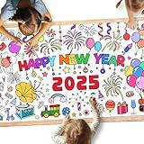 Giant Happy New Year Coloring Poster for Kids - 30 x 72 Inches Jumbo New Year Crafts Paper Painting Tablecloth for Kids New Year Eve Activities Classroom Wall Decorations