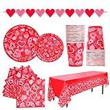 Gatherfun Valentine's Day Party Supplies Hot Heart Love Disposable Paper Plates Napkins Cups plastic Tablecloth with Banner for Valentine's Day, Engagements, Anniversary, Birthday Party Serve 25