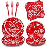 Valentine's Day Party Supplies Lovely Heart Paper Plates Napkins Forks Tableware Set for Valentine's Day Party Decorations Engagements Weddings Anniversary, Serves 24