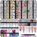 Kikonoke 10 Boxes Nail Art Kit - 12 Colors Pointed/Flatback Rhinestones, 3D Gold/Silver/Rose Nail Studs, White Beige Half Pearls, Holographic Glitter & Foils + 3 Tools for DIY Nail Art Jewels & Crafts