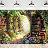 Riyidecor Fairy Library Backdrop Polyester Fabric Enchanted Woodland Bookshelf Green Garden Book Tree Floral Plant Kid 7Wx5H Feet Photography Background Birthday Baby Shower Photo Studio Shoot