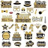 Kuxriox 30Pcs Happy Retirement Party Decorations for Men Women, Black Gold Retirement Photo Booth Props, Cheers to Retirement Party Supplies, We Will Miss You Retirement Party Sign