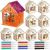 WinnerWhy 18 Pcs Haunted House Kit Painting Halloween Crafts for Kids Wooden Houses with Colors Markers DIY Graffiti Crafts Pumpkin Witch Ghost Haunted House for Kids Paint Art