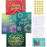 T MARIE 24 Gold Foil New Year Cards 2025 - Boxed Set with Envelopes and Gold Stickers - Assorted Designs with Messages Inside. Holiday Greeting Cards Bulk Pack for Wishing Happy New Year