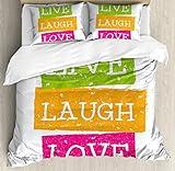 Ambesonne Live Laugh Love Duvet Cover Set, Lifestyle Message in Vibrant Tones Joyful Life Philosophy Wise Words Design, Decorative 3 Piece Bedding Set with 2 Pillow Shams, King Size, Multicolor