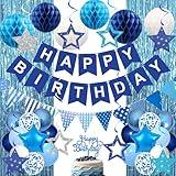 Blue Happy Birthday Party Decorations - Navy Royal Light Blue Banner, Foil Curtain, Honeycomb Balls, Swirls, Balloons for 13th 16th 18th 30th Birthday, Perfect for Boys & Men Teen Young Adult Decor