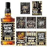 32 Pcs Happy New Year Wine Bottle Labels Stickers, Black and Gold New Year Stickers, 2025 New Years Eve Party Decorations, Champagne Fireworks 00:00 Clock Waterproof Decal Labels for 2025, 8 Styles