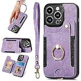 JanCalm for iPhone 13 Pro Case Card Holder Wallet, Ring Stand, RFID Blocking, Wrist Strap, Camera Protector, Leather Magnetic Clasp Protective Cover for iPhone 13 Pro (Purple)
