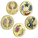 Ecally 5 Pieces Chinese Lucky Coin Ancient Mythical Creatures Charming Ancient Dragon and Phoenix Chinese Coins Animal Commemorative Novelty Metal Coins for Office Fortune Collection Gifts (Classic)