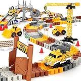 Construction Race Tracks Set, Flexible Train Tracks w/ 2 Electric Construction Race Vehicles w/Lights, STEM Engineering Race Track Toys with Dump Truck, Crane Assort Acessories for Boys Girls