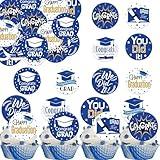 Fyeoxle 36PCS Edible Graduation Cap Cupcake Toppers Wafer Paper Grad Cap Diploma Cake Decorations Edible Grad Cap Cupcake Picks for 2025 Grad Theme Party Cake Decor Supplies (Blue)
