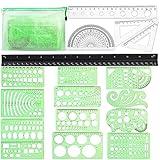 18 Pcs Geometric Drawings Templates, Drawing Stencils, Ruler Set, Circle Template for Drawing, Drafting Tools with a Storage Bag for Architecture, Studying, Office, Designing