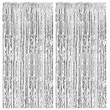 2 Pack Foil Curtain Backdrop Silver Metallic Tinsel Foil Fringe Curtains Photo Booth Props for Birthday Wedding Engagement Baby Shower Bachelorette Christmas Holiday Celebration Party Decorations