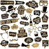 Outus 36 Pcs Birthday Photo Booth Props Kit Happy Birthday Graduation Wedding Party Favors Supplies Bday Party Decor 40th- 50th-60th Photobooth Funny Cute Holiday Selfie Supplies(Gold and Black)