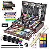 Sunnyglade 145 Piece Deluxe Art Set, Wooden Box & Drawing Kit with Crayons, Oil Pastels, Colored Pencils, Watercolor Cakes, Sketch Pencils, Paint Brush, Sharpener, Eraser, Color Chart (Cherry)