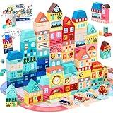 VigorFun 100 PCS Wooden Building Blocks Set - City Builder Stacking Toy with Storage Bag, Montessori Preschool Toys for Kids Toddlers Birthday Gifts Ages 3+