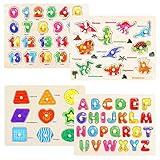 Montessori Wooden Peg Puzzles for Toddlers 2 3 4 5 Year Old, 4 Pcs Kids Educational Toys Preschool Learning Activities-Alphabet, Shape, Number and Dinosaur, Baby Puzzle Gifts for Boys Girls