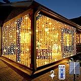 Upgraded Solar Curtain Lights Outdoor Garden Fairy String Lights 300 LED 8 Modes Remote Control Waterproof Solar Waterfall Lights for Gazebo Patio Party Festival Wedding Christmas Decorations(Warm)