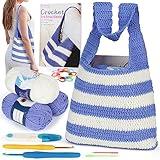 Coopay Crochet Set for Crochet Shoulder Bag, Crochet Kit for Beginners Included Instructions & Crochet Accessories Tools, Complete Crochet Starter Kit Learn to Crochet Blue and White Striped Tote Bag