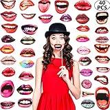 Party Photo Booth Props, Funny Mouth Lips Photo Booth Prop, Funny Mouth DIY Set with Wood Stick Selfie Props Accessories for Birthday/Wedding/Graduation/Halloween Party (Mouth Lip, 40 Pieces)