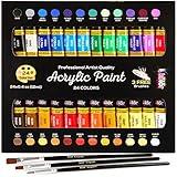 Acrylic Paint Set Canvas Art Paints 24 Colors Perfect Paint Finish (0.41oz,12 ml) With 3 Brushes - Painting Canvas, Paper, Wood, Rock, MDF, Ceramic & Fabric