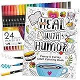 RYVE Adult Coloring Book Set for Adults Relaxation - Sassy & Funny Self Care Gifts for Women, Motivational Swear Word Coloring Book, Cancer Care Gifts Chemo Care Package for Women, 24 Markers Included