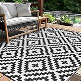 Outdoor Patio Plastic Straw Rug - 5'x8' Outdoor Camping Rug Waterproof Reversible, Area Carpet Patios Clearance RV, Outside Porch Balcony Deck for Camper, Black & White
