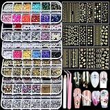 Teenitor Nail Charms Nail Gems with 15 Sheets Gold Nail Stickers, 6 Boxes of Rhinestones for Nails Art Tools, 3D Nail Decals Pearls for Nails