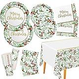 Christmas Party Supplies, Serve 25, Christmas Seasonal Holly Pack Includes: Paper Dinner Plates, Dessert Plates, Luncheon Napkins, Beverage Napkins, Cups and Tablecloth for Christmas Party Decorations