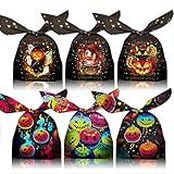 Halloween Treat Bags 100pcs, Kids Small Halloween Goodie Bags Candy Bags Bulk, Plastic Halloween Bags for Trick or Treat, Party Favor, Popcorn, Snack and Cookie with Pumpkin, Ghost，Cat Elements