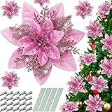 Serwalin 20pcs Christmas Flowers Artificial Pink Poinsettia Flowers Decorations Glitter Christmas Tree Ornaments with Clips Stems 14cm/5.5in Xmas Wedding Party Wreath Garlands DIY