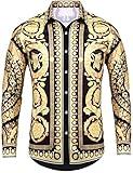 Pacinoble Mens Fashion Long Sleeve Street Wear Designer Polyester African Dashiki Luxury Print Button Up Casual Shirts (Gold M)