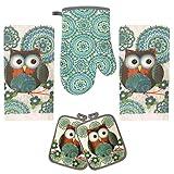 Lobyn Value Packs Kitchen Towel 5 Piece Linen Set 2 Towels 2 Pot Holders 1 Oven Mitt (Owl)