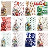 JOYIN 144 PCS Christmas Cellophane Bags with Ribbon Candy Cookie Bags for Holiday Treats, Christmas Party Favors Supplies, Christmas Clear Cello Gift Bags, Xmas Goodie Bags