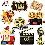 Fumete 32 Pieces Movie Night Cutouts Movie Party Decorations Kit Double Sided Printing Golden Black Paper Cards Red Carpet Clapboard Movie Tickets Film Reel Decor for Movie Night Party Supplies