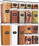 PRAKI Airtight Food Storage Containers Set, 16 Pcs BPA Free Plastic Dry Food Canisters for Kitchen Pantry Organization and Storage Ideal for Cereal, Flour & Sugar - Labels, Marker(Black)