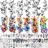 68 Sheets Realistic Butterflies Temporary Tattoos For Women Girls Adults Arm, Colored Long Lasting Temp Bulk Tattoo Rose Butterfly, 3D Black Butterfly Fake Tattoo Stickers Party Rave Accessories