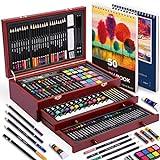 175 Piece Deluxe Art Set with 2 Drawing Pads, Acrylic Paints, Crayons, Colored Pencils, Paint Set in Wooden Case, Professional Art Kit, Art Supplies for Adults, Teens and Artist, WoodMuse Plus