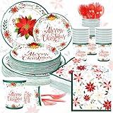 FULJOOY 400 Pcs Christmas Dinnerware Set for 50 Guests Poinsettia Flower Paper Plates Disposable Holiday Floral Cups Napkins Knives Forks Spoons Cutlery Kit Tableware Party for Xmas Winter Holiday