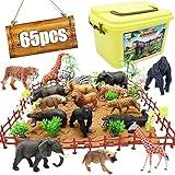 65PCS Safari Animal Figurines Toy Set, Realistic Jungle Zoo Figures with Elephant, Lion, Giraffe, Fence, Building Blocks for Kids Ages 3-8