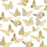 SAOROPEB 3D Butterfly Wall Decor 48 Pcs 4 Styles 3 Sizes, Gold Butterfly Decorations for Butterfly Birthday Decorations Butterfly Party Decorations Cake Decorations, Removable Stickers (Gold)