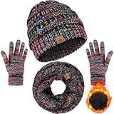 Winter Beanie Hat Scarf Gloves, Warm Fleece Knit Winter Hats Touch Screen Gloves Neck Scarf Set Winter Gifts for Unisex Adult Colorful