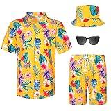 Harloon 4Pcs Men's Hawaiian Shirt and Short Set Casual Button Down Summer Beach Flower Outfits with Bucket Hats Sunglasses (L Size)