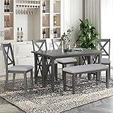 6 Pieces Dining Table Set, Wood Rectangle Table and 4 Chairs with Bench with Cushion, Kitchen Table Chairs Set for 6 Persons (Gray)