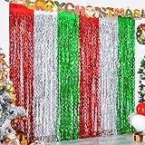 LOLStar 5 Pack Christmas Foil Fringe Curtains Christmas Party Decoration 3.3X6.6 ft Red Silver Green Wavy Tinsel Fringe Party Photo Streamer Backdrop for Christmas,New Year,Christmas Sweater Party