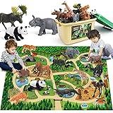 FRUSE Safari Animals Figures Toys w/ 57”x38.5”Jumbo Play Mat,12PCS Realistic Jungle Wild Zoo Animals Figurines Playset with Panda,Lion,Elephant,Educational Learning Toys for Toddlers Kids