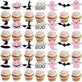 42Pcs Pink Halloween Cupcake Toppers Halloween Baby Shower Decorations A Little Boo Is Almost Due Baby Shower spooky One Birthday Decorations Girl Pink